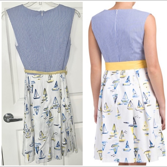 Chetta B Women's Blue Yellow Sleeveless Faux Wrap Dress Sz 10 Belt Pockets Boats - Picture 2 of 10